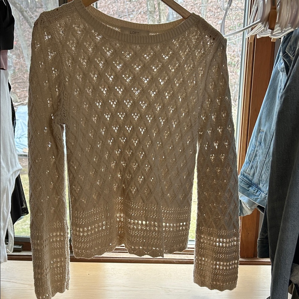 LOFT Cream Openwork Scoop Neck Sweater